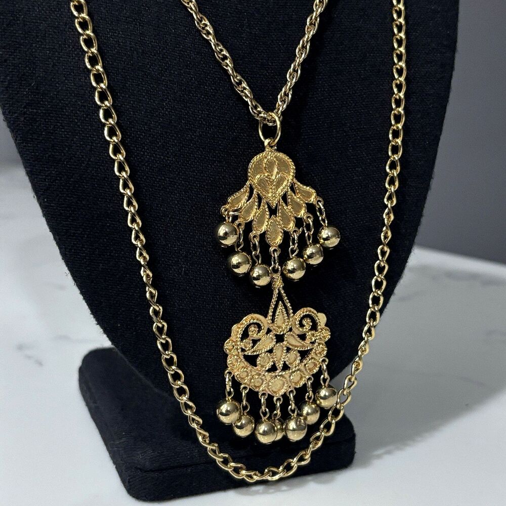 Vintage Gold Tone Tiered Filigree Pendant Necklace Double Chain Ball Fringe Boho